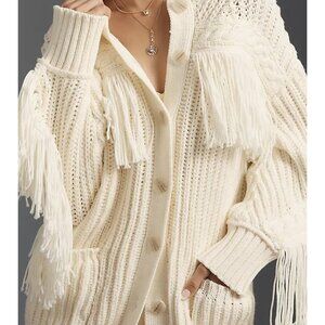 Anthropologie Maeve Fringe Cardigan Womens XS Boho Ivory Cozy Western Cottage